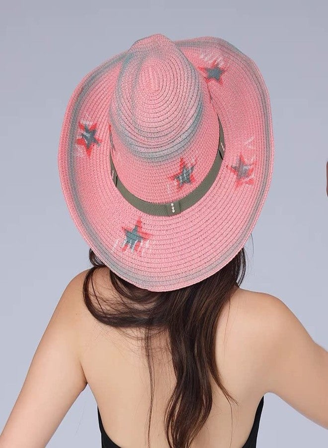 GUDVES Western Cowboy Hat, Pink Adjustable Straw Sun Hats,Pentagram Wide Brim Belt Women's Cowgirl Hats, Suitable for Parties Hiking (Pink) - Image 3